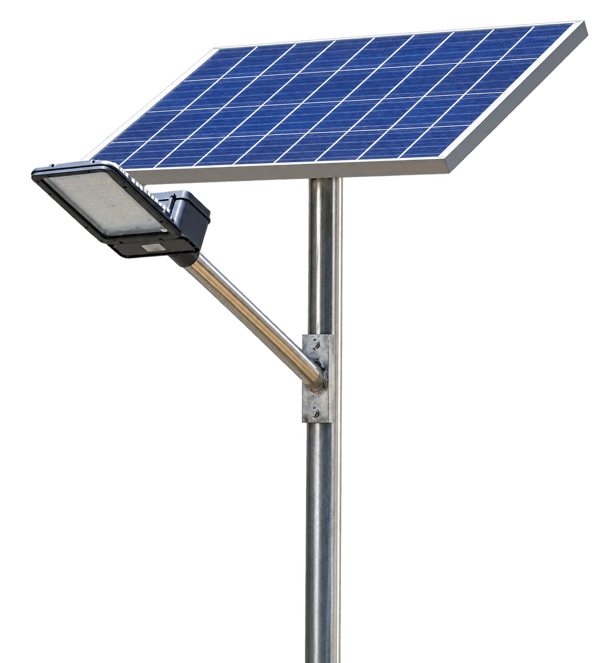 Industrial solar street light with panel, battery and angled LED lamp