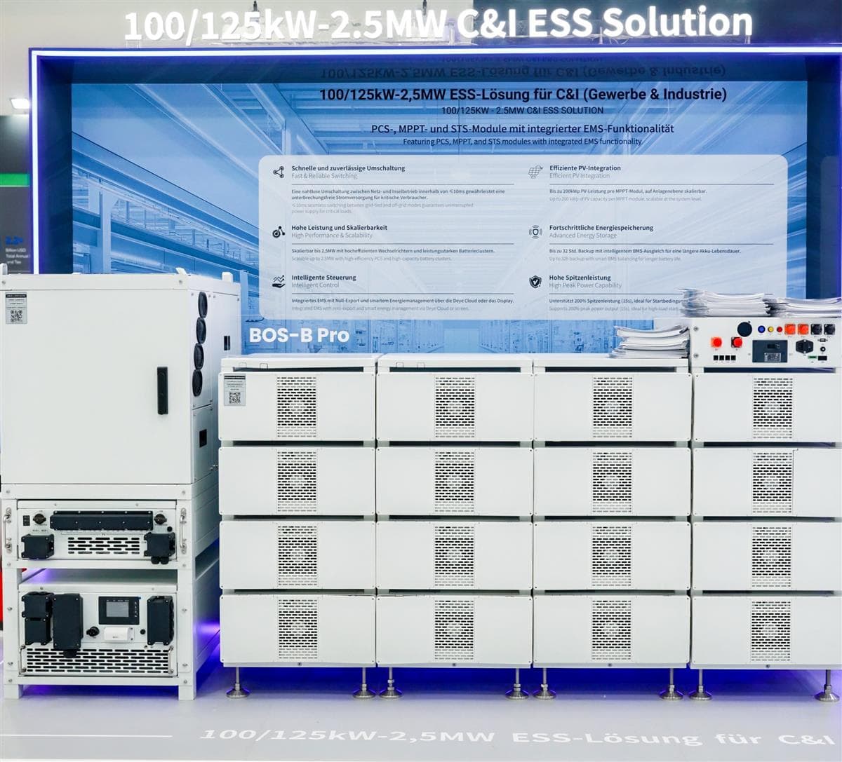 Deye commercial and industrial lithium battery racks with power conversion equipment on exhibition